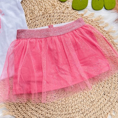 Conj. Blusa Never Ending Smile e Short Saia em Tule - Branco e Rosa